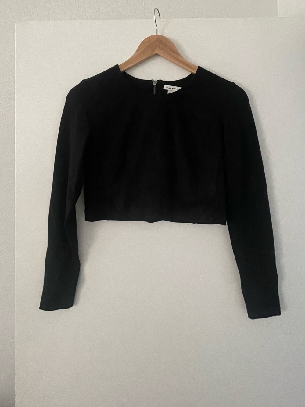 Suede Club Monaco Black Long-Sleeve Cropped Top With Cotton Sleeves